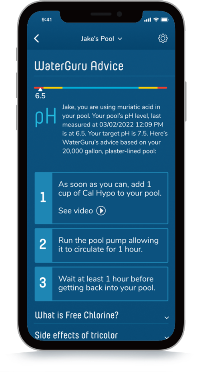 screenshot of waterguru app - export pool advice